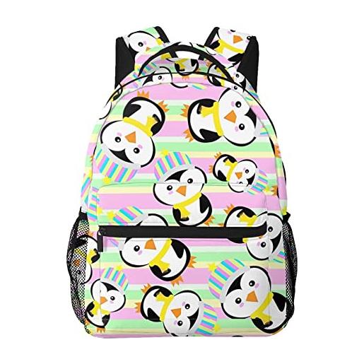 FJAUOQ zaini per bambini penguin with colored striped kids backpacks large-capacity school bags 16 inch portable laptop bookbag casual backpack for 1th- 6th grade boys and girls