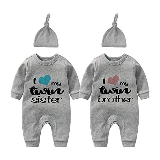 culbutomind baby twins body twin sorella fratello divertente bambino vestito carino ragazza pagliaccetto con cappello set, grigio sb, 1 mese