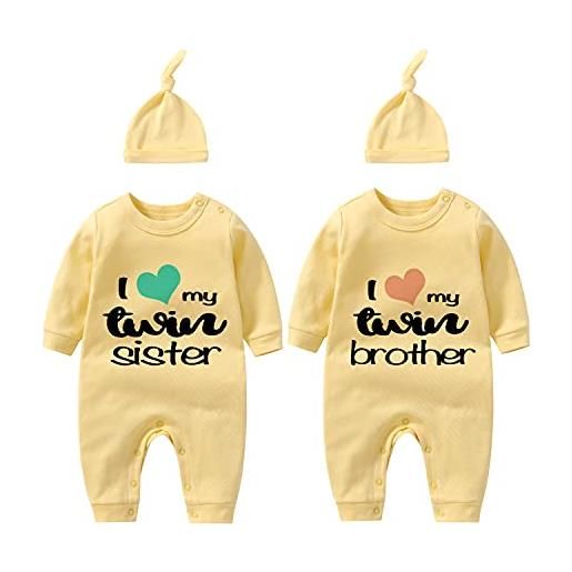 culbutomind body bambino gemelli i love my twin sister brother divertenti body neonato regalo gemella tutina manica corta bimba con cappello(yellow 3 months)