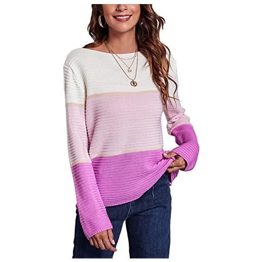 Ejoyous top in maglia a righe da donna top in maglia a righe di colore a contrasto maglione con scollo a barchetta a maniche lunghe top con scollo a barchetta a righe colorate (l)