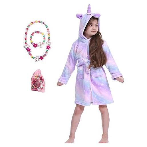 LinKeTop accappatoio in flanella con unicorno per bambini, comodo vestaglia con set di gioielli carino, pois viola. , 4 anni