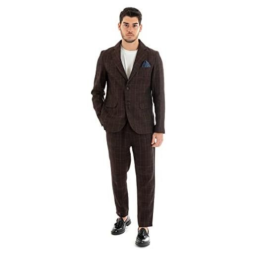 Giosal abito uomo completo outfit giacca monopetto quadri colletto pochette pantalone lungo classico elegante (48, marrone)