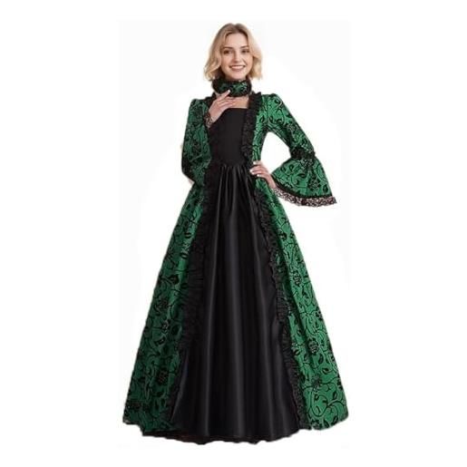 CAMDOM abito da donna, stile vittoriano, da sera, con maniche svasate, stile vintage, per cosplay, verde, l