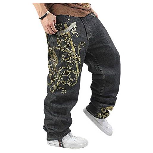 Huixin pantaloni di jeans da uomo pantaloni di jeans larghi di skinny hip-hop alla moda pantaloni di denim stampati pantaloni classici di moda vintage stampato (color: colour, size: m)