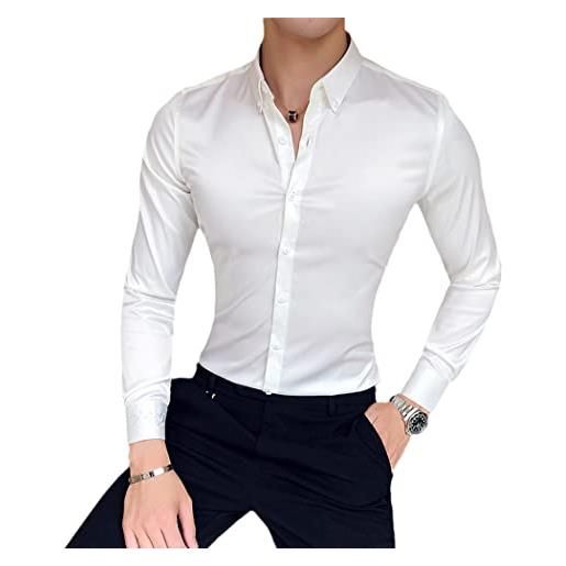Generic stile britannico scollo ricamo skinny pulsante stretto manica lunga camicia uomo formale bianco nero smoking camicie, bianco, m