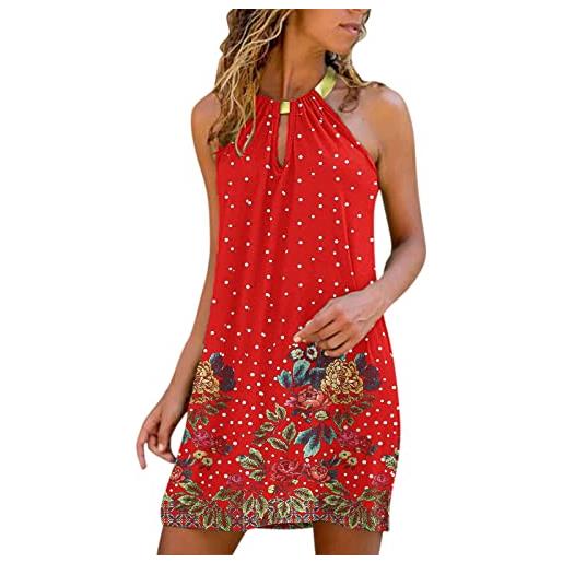 Xmiral mini vestito estivo donna casual estivo stampato floreale vestito senza maniche con scollo a barchetta o scollo corto da spiaggia (l, b-rosso)