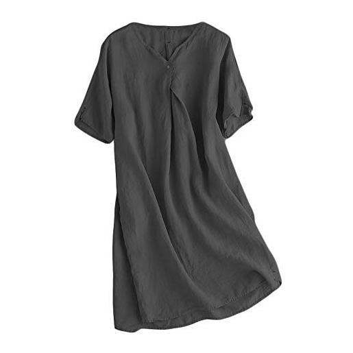 FTCayanz donna vestiti estivi scollo v manica corta sciolto casual vestito dress in lino nero m