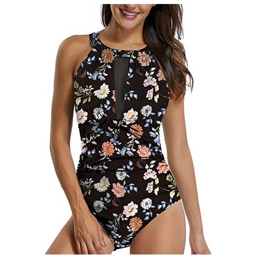 Sixyotie donna swimwear un pezzo costumi da bagno sexy a v in mesh monokini beachwear(flowerblack, xxl)