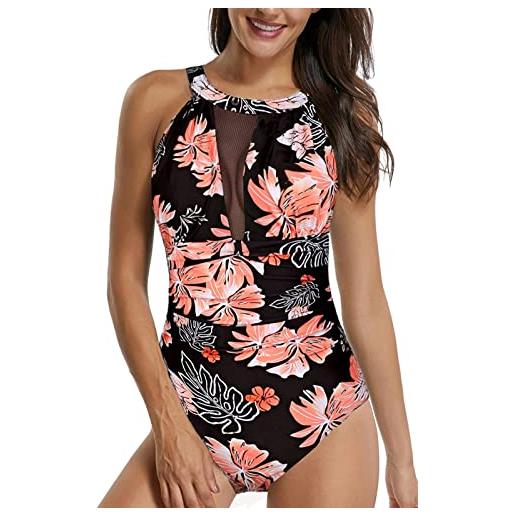 Sixyotie donna swimwear un pezzo costumi da bagno sexy a v in mesh monokini beachwear(flowerblack, xxl)