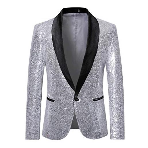 ZFSHEN giacche da smoking paillettes, abiti uomo eleganti slim fit blazer con un bottoni e tasche smoking uomo per festa cerimonia matrimonio affari (silver, l)