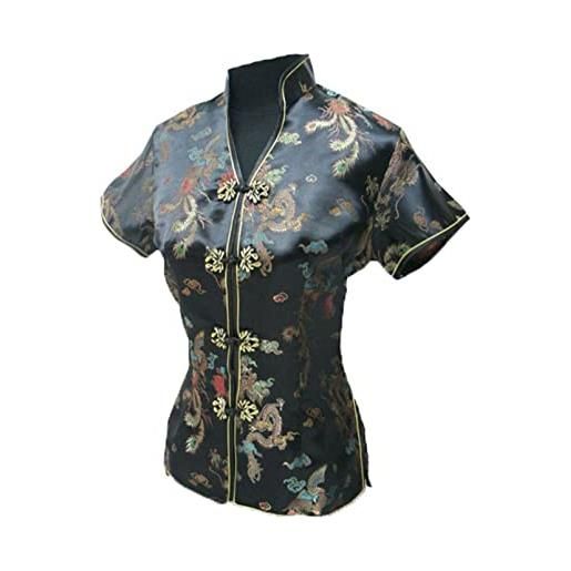 Byblos camicetta in raso di seta con scollo a v per donna camicia cheongsam cinese tradizionale con stampa floreale black s