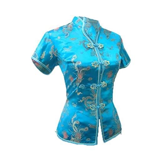 Byblos camicetta in raso di seta con scollo a v per donna camicia cheongsam cinese tradizionale con stampa floreale blue m