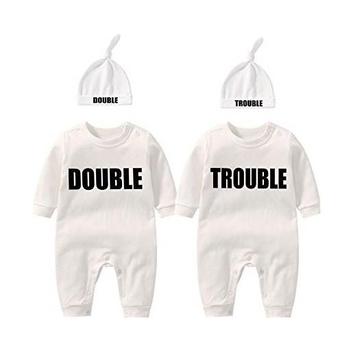 culbutomind 2 tutine per gemelli neonati, scritta double trouble, grazioso pagliaccetto con berretto, pigiama per bambini, idea regalo, bianco. , 0-3 mesi