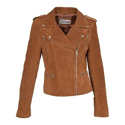 House Of Leather donna vera pelle scamosciata biker giacca slim fit retro stile skylar marrone chiaro (l)