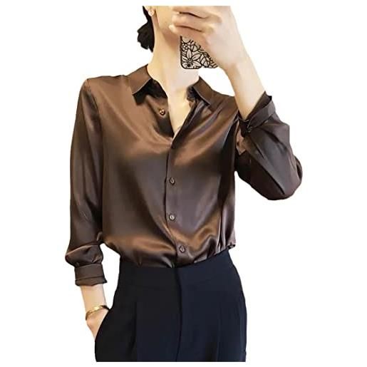 Generic camicia da donna da ufficio con bottoni a maniche lunghe camicie in raso di seta camicette da donna top da donna, cioccolato, xl