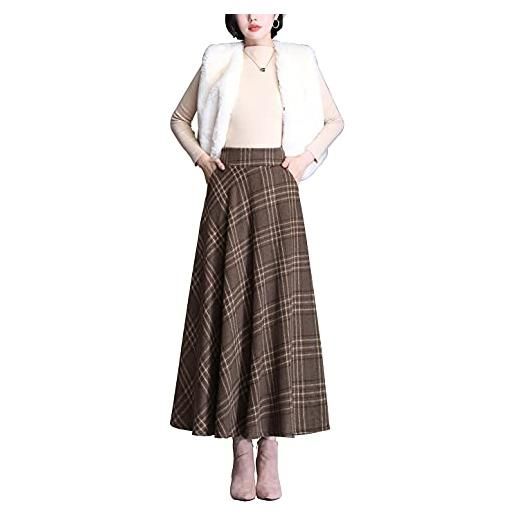 Moviendress donna vita alta gonna lunga invernali vita elastica lana scozzese vintage caldo eleganti a-linea pieghe lunghe gonne (l, marrone 1)
