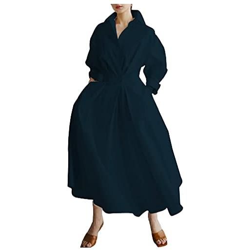 FeMereina maxi abito chemisier da donna a maniche lunghe, con bottoni e vita plissettata, lungo e ampio, con tasche, verde scuro, m
