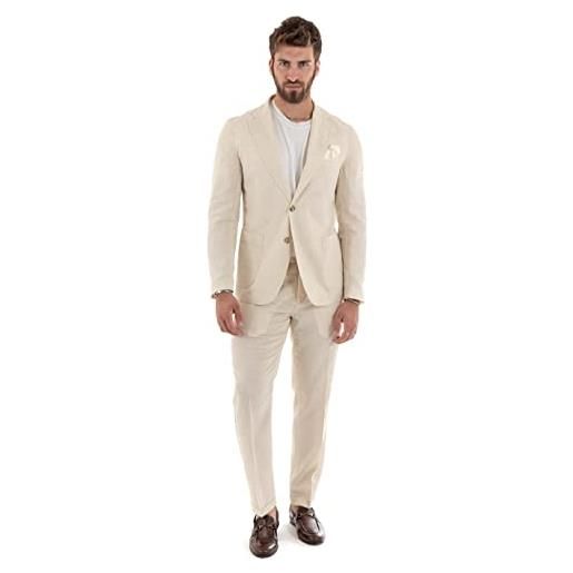 Giosal abito uomo completo outfit elegante lino monopetto taschino pochette tinta unita (50, beige)