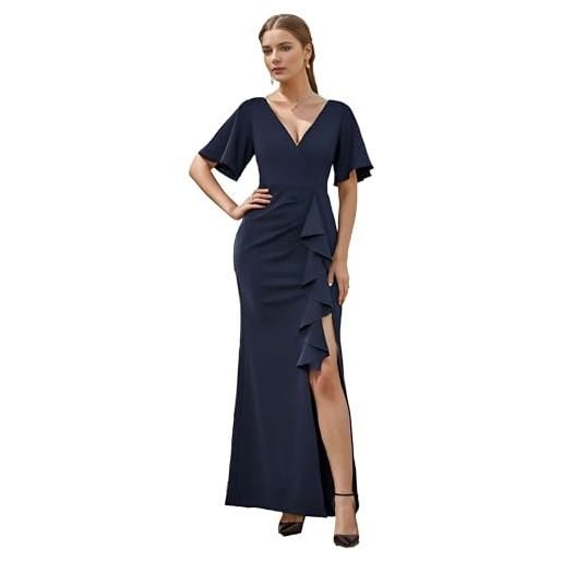 Ever-Pretty vestito donna elegante lungo sirenetta con spacco scollo a v maniche corte alta elasticità abito da sera blu navy s