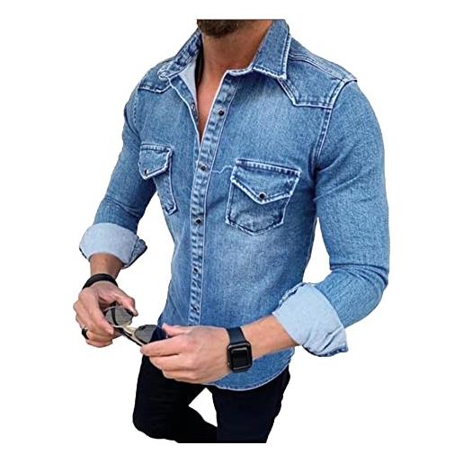 Legou camicia di jeans da uomo slim lavato denim camicia giacca, blu tibetano , xl