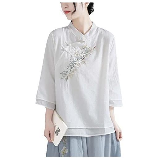 JXQXHCFS autunno doppio strato donna cotone camicetta camicetta tradizionale cinese donne tang formale costume hanfu top, bianco, m