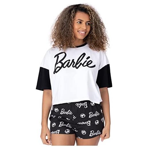 Barbie pigiama donna ladies doll logo boxy fit crop white t-shirt con pantaloncini elasticizzati neri abbigliamento pigiameria merchandising