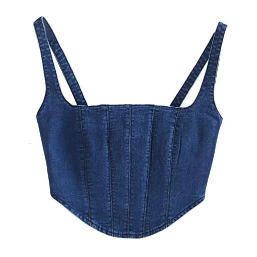 PEWRESLORS canotta da donna in denim corsetto bustier blu jean crop top streetwear cami push up vest (cerniera), blu scuro, 4c