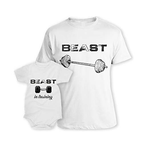 bubbleshirt coppia t-shirt maglietta papà body papà padre figlio festa del papà - beast - beast in training - bodybuilding - idea regalo