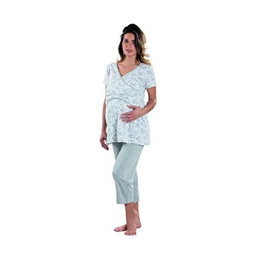 Premamy - pigiama per premaman, modello estivo in cotone bielastico e tessuto elasticizzato, aperto davanti per allattamento, pre-post parto