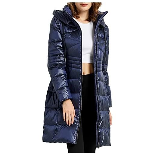 OROLAY piumino lungo lucido da donna giacca trapuntato invernale con cappuccio blu medievale l