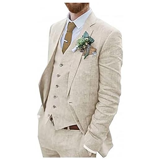 WETRIM abiti di lino vintage da 3 pezzi, giacca slim casual blazer+gilet+pantaloni smoking for matrimoni e affari (colore: beige, dimensione: 50)