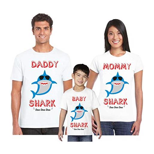 bubbleshirt t-shirt coordinate famiglia tris daddy shark, mommy shark, baby shark - festa del papa' - festa della mamma - magliette famiglia