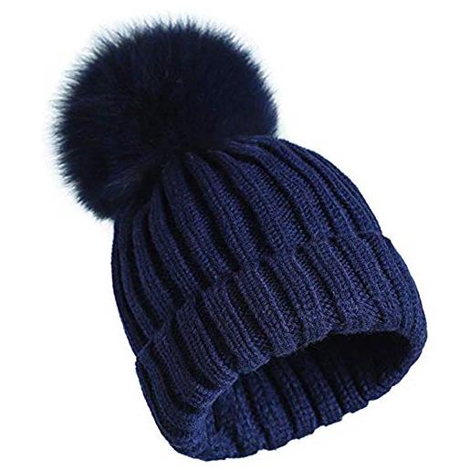 feifanshop - berretto invernale da donna lavorato a maglia con pompon di pelliccia sintetica, blu navy, taglia unica