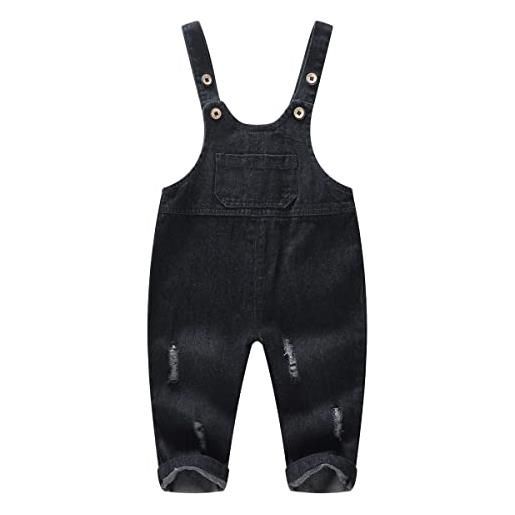 KIDSCOOL SPACE salopette di jeans arruffata con lettera strappata e tasca grande con bavaglino per bebè e bambine, blu, 18-24 mesi