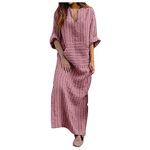 LLUO abito estivo da donna, per il tempo libero, casual, largo, in cotone e lino, maxi abito estivo da spiaggia, da donna, lungo, estivo, da spiaggia, verde, s
