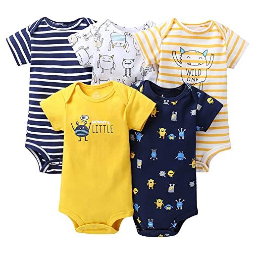 amropi 5 pezzi bambina bambino body maniche corte neonato estate onesies pagliaccetto (giallo/navy/bianco, 12-18 mesi)