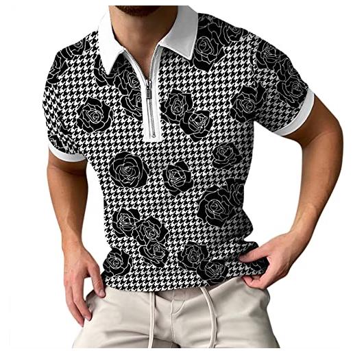 hmtitt print t-shirt men's spring summer houndstooth top short-sleeved zipper and lapel men's blouse fashion (black, l)