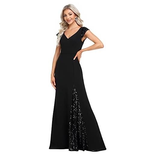 Ever-Pretty vestito da sera donna lungo paillettes maniche corte scollo a v magra abito da cerimonia nero 48