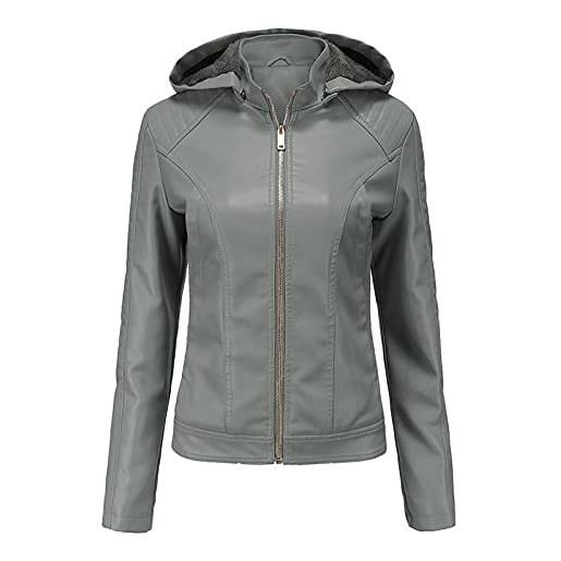 MEYOCEYO giacca in pelle donna giacca ecopelle casual giacca corta giacca biker invernale giacca similpelle con cappuccio grigio xl