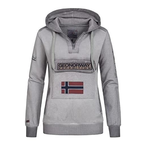 Geographical Norway gymclass - felpa con cappuccio da donna, look lavato, tasca sul petto, mezza zip, con cappuccio e ricami, grigio, l