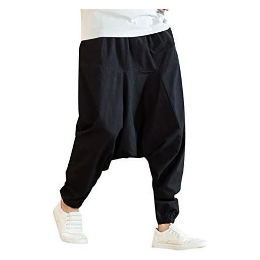 Xmiral pantaloni hippie harem pants moda casual moda sciolto puro colore puro hip hop stile cotone e lino lunghezza pants (m, marina militare)