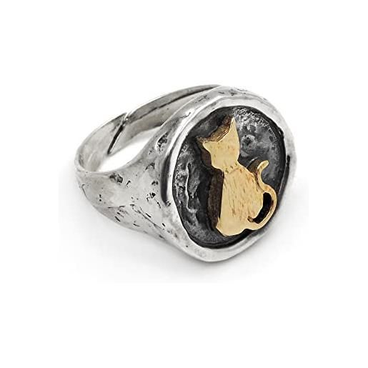 Damiano Argenti anello chevalier tondo in argento sterling 925 martellato con gatto in argento placcato oro argento