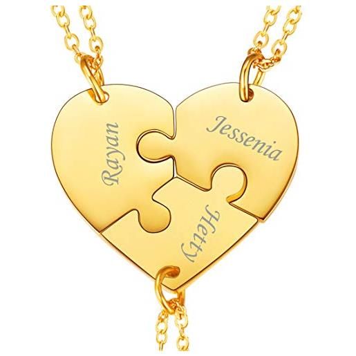 U7 3pcs collana personalizzata pendente cindolo cuore puzzle catena regolabile 40 45 cm acciaio inossidabile placcato oro 18k gioiello per migliori amici bbf coppia famiglia regalo perfetto - oro