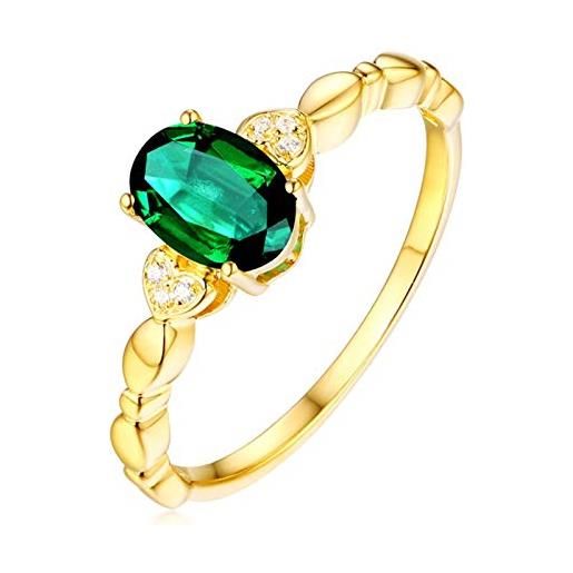 AMDXD anelli oro giallo donna 18kt, anelli fidanzamento fedine doppio cuore ovale smeraldo 0.67ct taglia 11, regali di natale | regali di compleanno | regali di san valentino per le donna