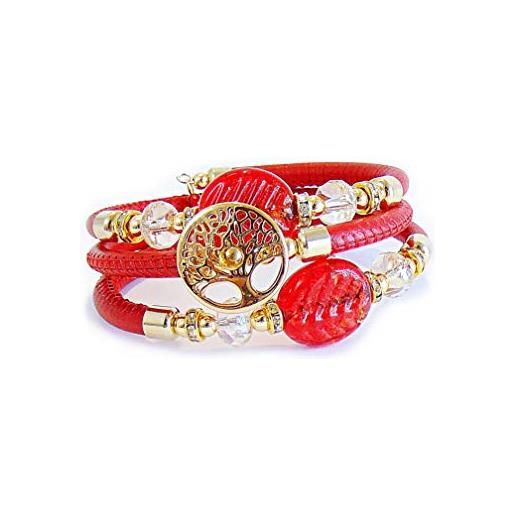 Venezia classica - bracciale da donna albero della vita con perle in vetro di murano originale e tre giri di vera pelle toscana, collezione bloom, con foglia in oro 24kt, made in italy (rosso)