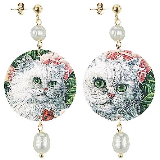 In lebole collezione the circle piccolo gatto bianco orecchini da donna in ottone pietra perla