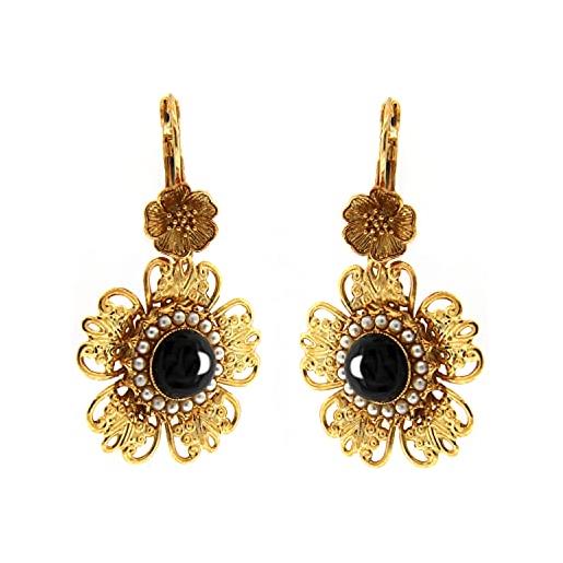 Mokilu' - gioielli - orecchini vintage - donna - ottone dorato 24kt - motivo floreale - pietra onice - perla