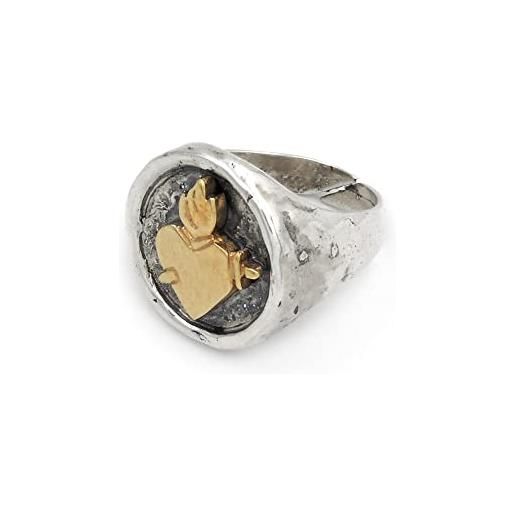 Damiano Argenti anello chevalier tondo in argento sterling 925 martellato con sacro cuore con pugnale in argento placcato oro argento