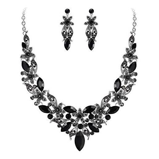 EVER FAITH gioielli donna, cristallo matrimonio floreale fiore foglia collana orecchini set per cermonia nero argento-fondo
