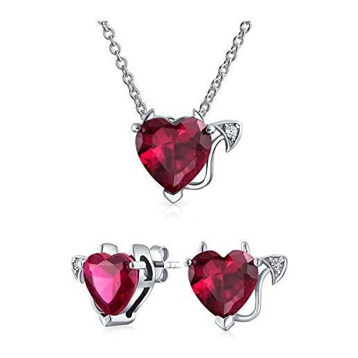 Bling Jewelry set di gioielli romantici con collana a cuore di diavolo in zircone cubico rosso aaa cz e orecchini a perno in argento sterling. 925 per donne adolescenti